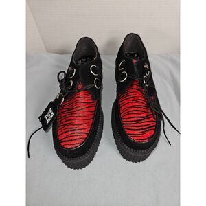 T.U.K. Mtn Killer Black Leather & Red Tiger Stripe Faux Fur Platform Creepers
